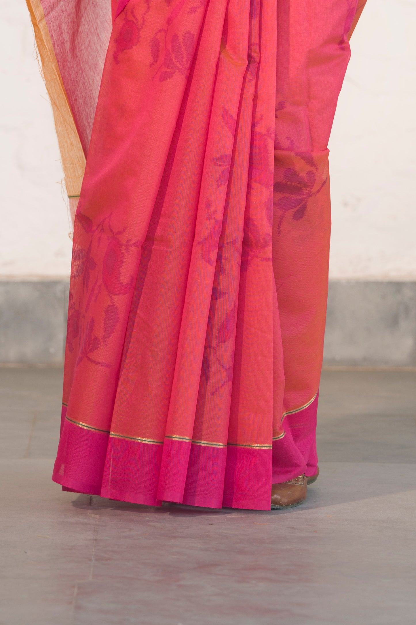 Pink Cotton Silk Saree in Self Woven Floral Pattern with Contrast Palla and Blouse