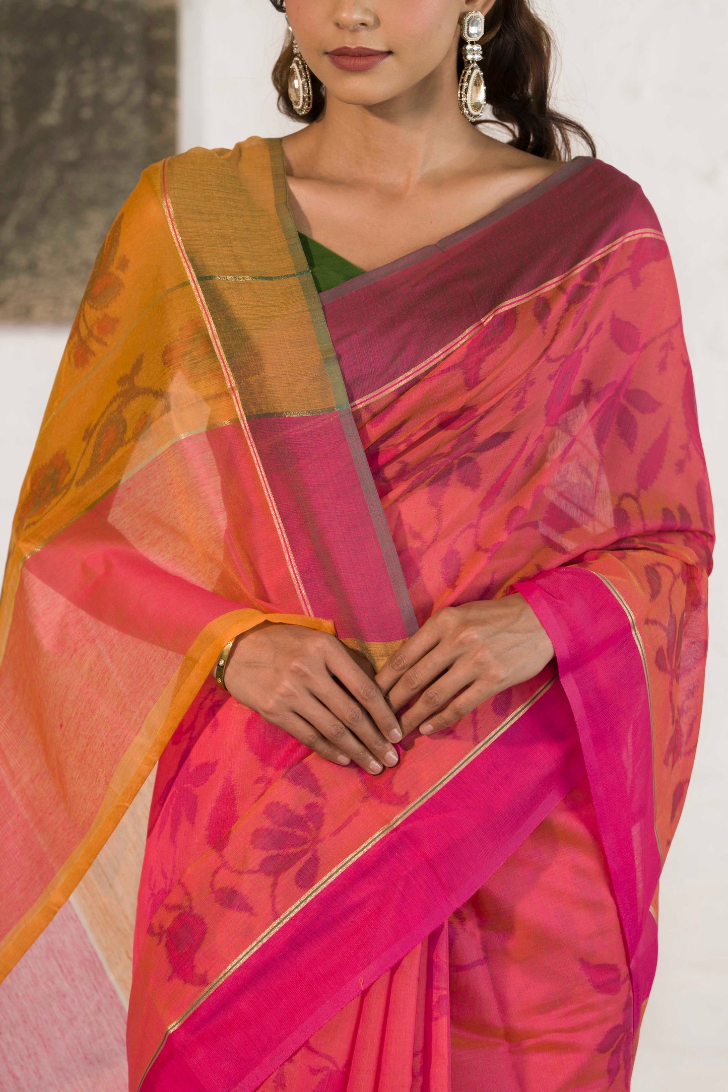 Pink Cotton Silk Saree in Self Woven Floral Pattern with Contrast Palla and Blouse
