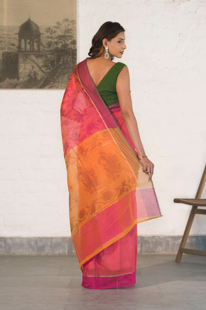 Pink Cotton Silk Saree in Self Woven Floral Pattern with Contrast Palla and Blouse