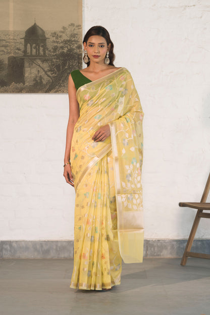 Yellow Cotton Silk Banarasi Saree woven in Gold zari and Resham with Meenakari floral jaal