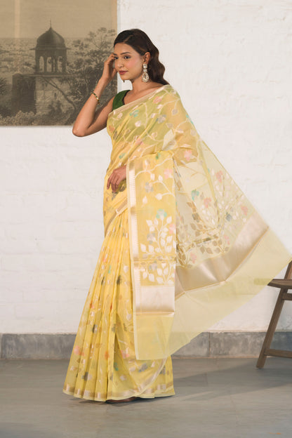 Yellow Cotton Silk Banarasi Saree woven in Gold zari and Resham with Meenakari floral jaal