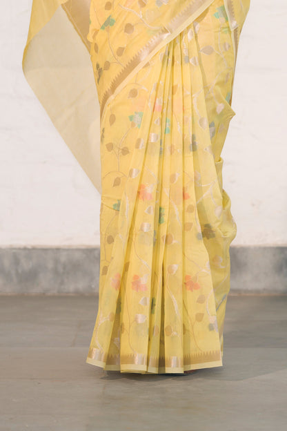 Yellow Cotton Silk Banarasi Saree woven in Gold zari and Resham with Meenakari floral jaal