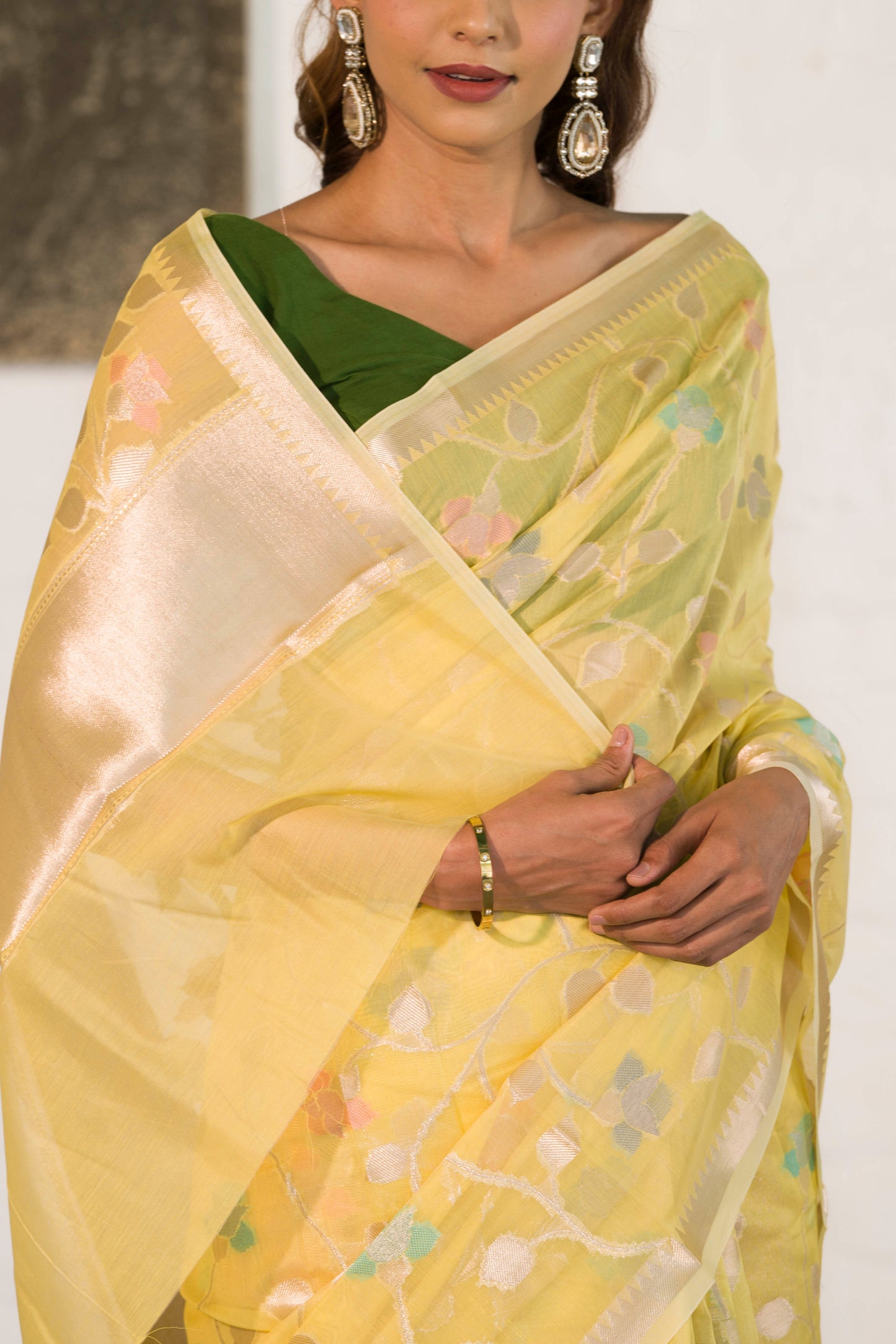 Yellow Cotton Silk Banarasi Saree woven in Gold zari and Resham with Meenakari floral jaal