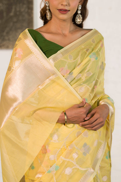 Yellow Cotton Silk Banarasi Saree woven in Gold zari and Resham with Meenakari floral jaal