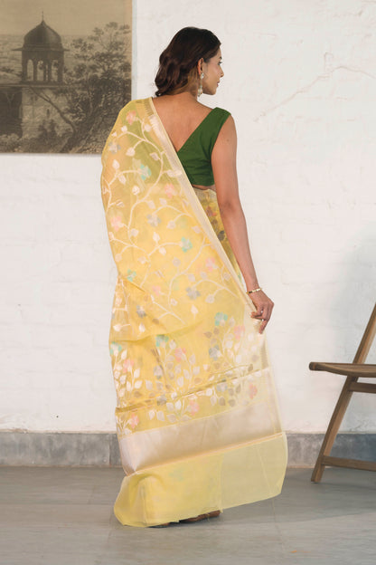 Yellow Cotton Silk Banarasi Saree woven in Gold zari and Resham with Meenakari floral jaal