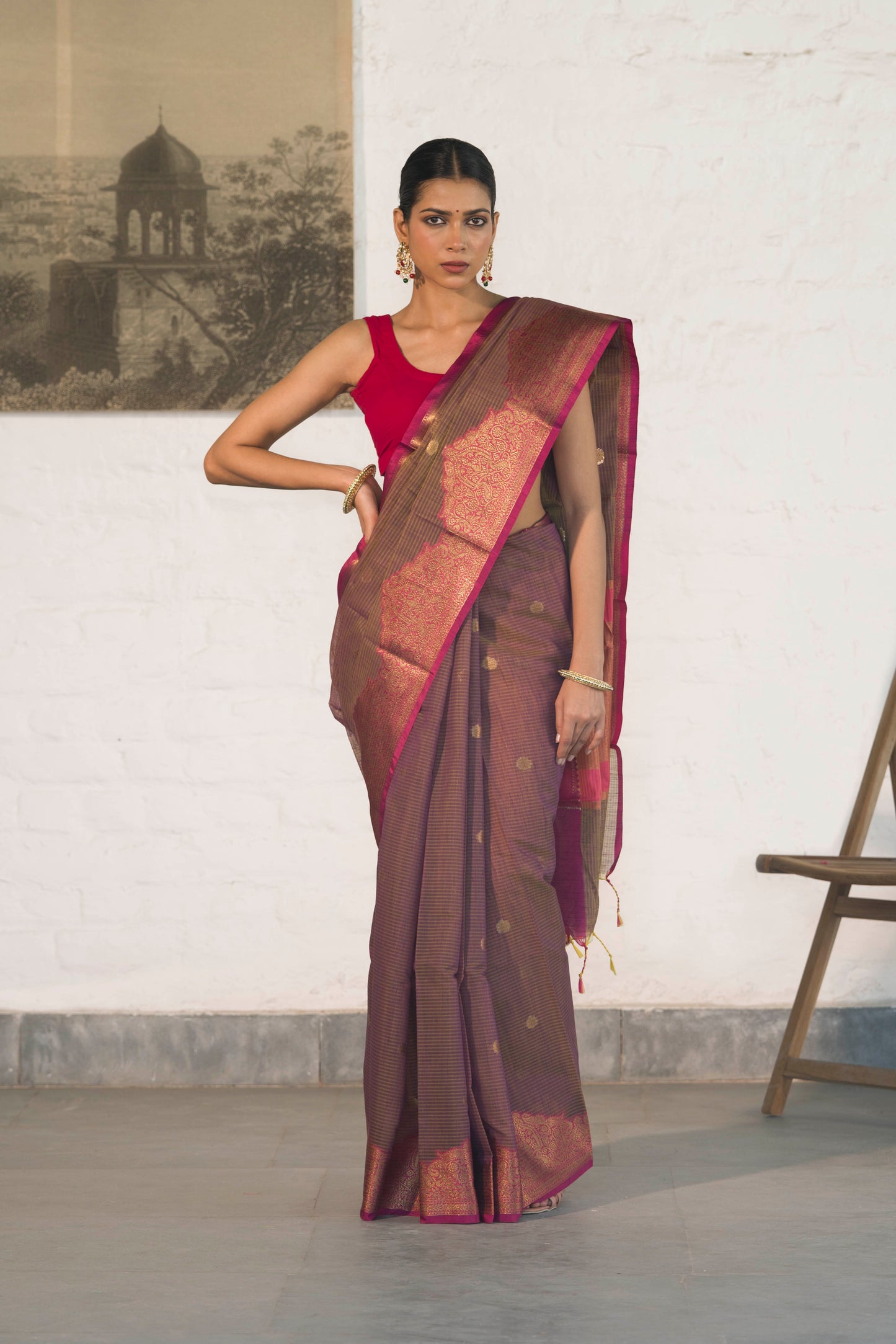 Dark Mauve Cotton Silk Saree in Self Woven Fabric and Antique Zari Woven Stylish Border with Small Motifs on body