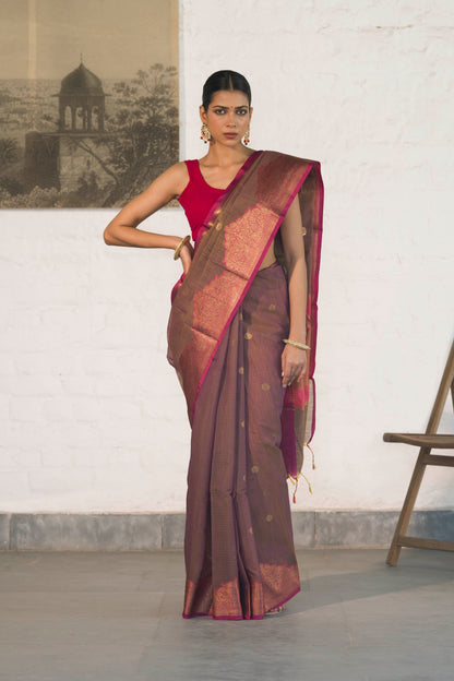 Dark Mauve Cotton Silk Saree in Self Woven Fabric and Antique Zari Woven Stylish Border with Small Motifs on body