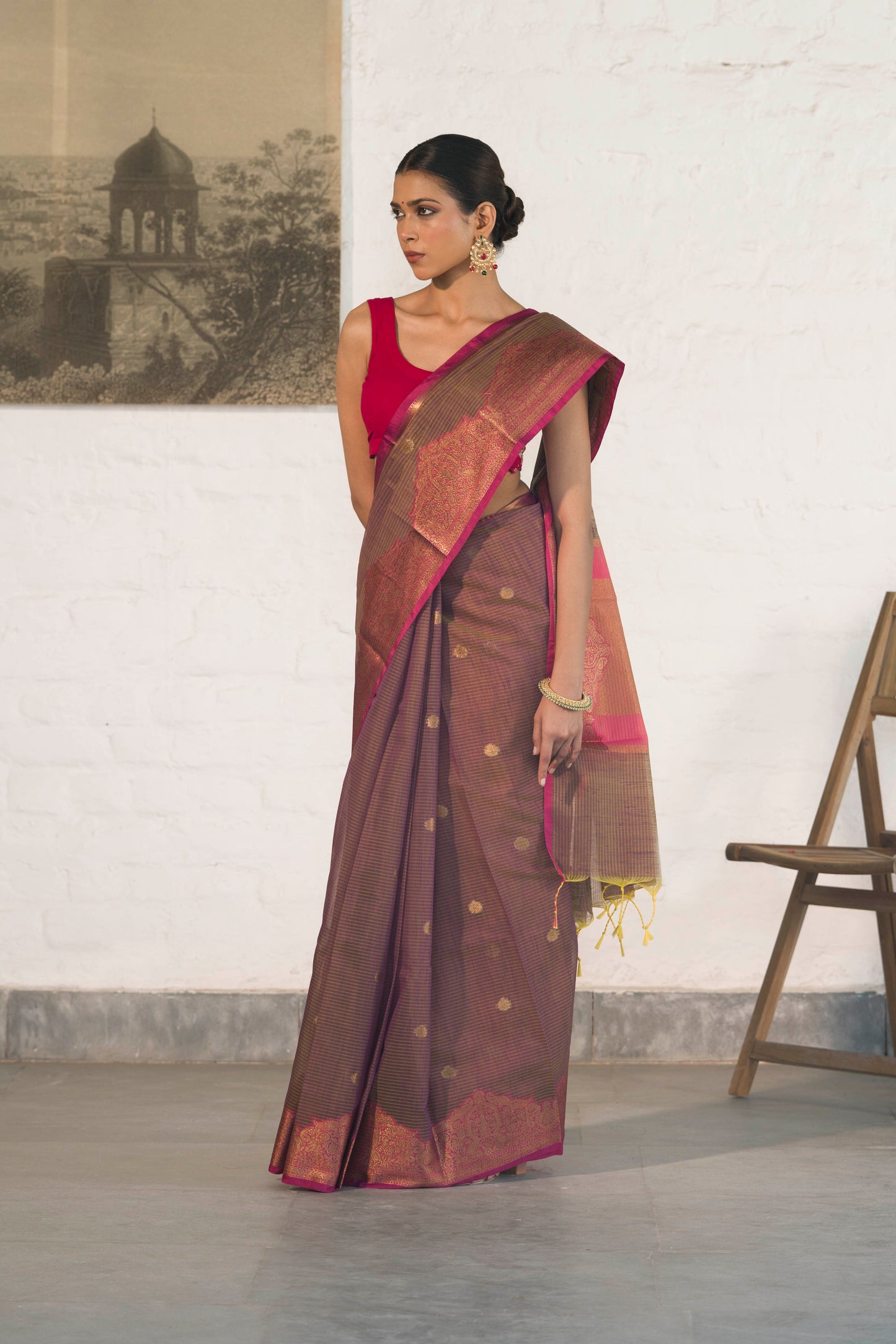 Dark Mauve Cotton Silk Saree in Self Woven Fabric and Antique Zari Woven Stylish Border with Small Motifs on body