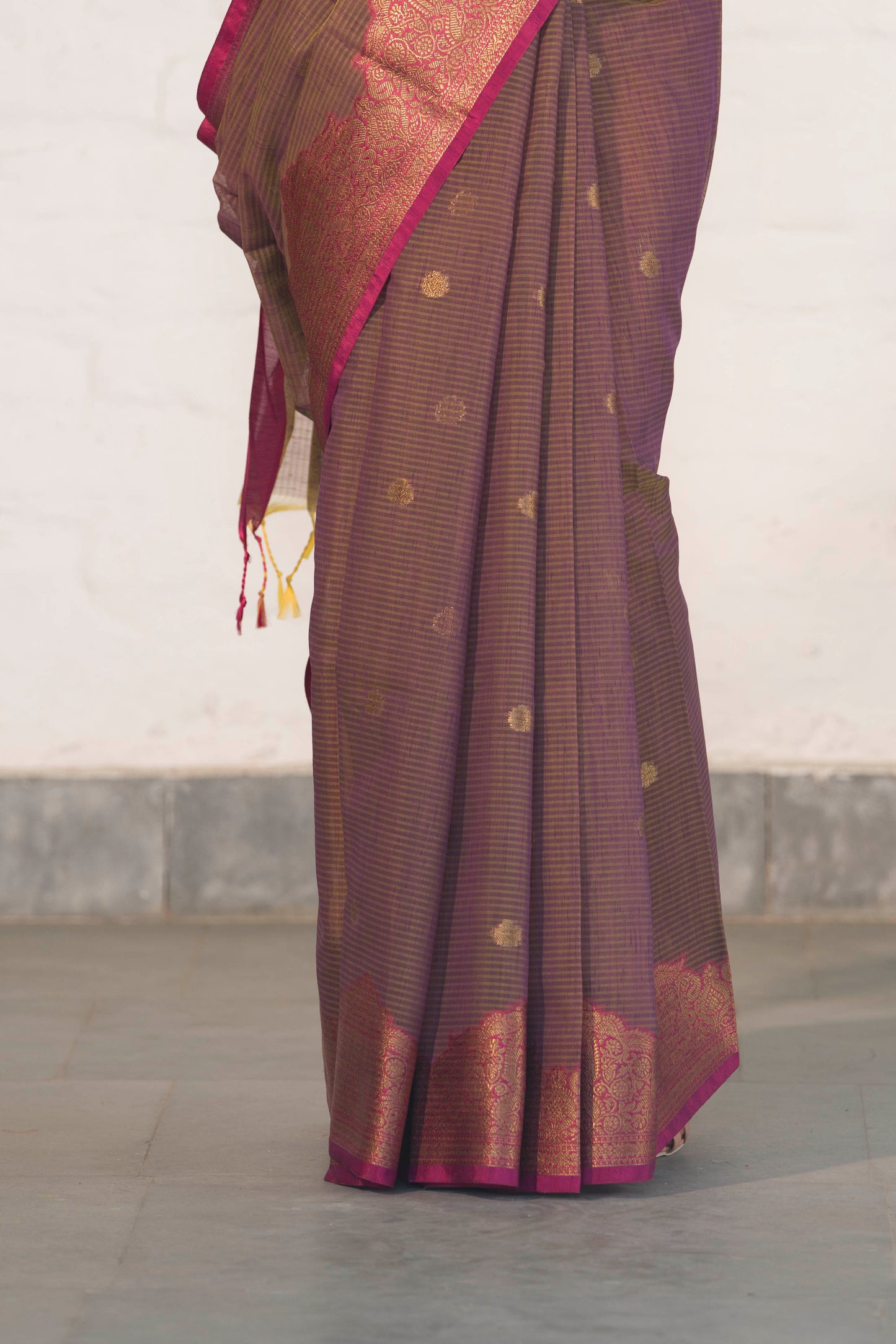 Dark Mauve Cotton Silk Saree in Self Woven Fabric and Antique Zari Woven Stylish Border with Small Motifs on body