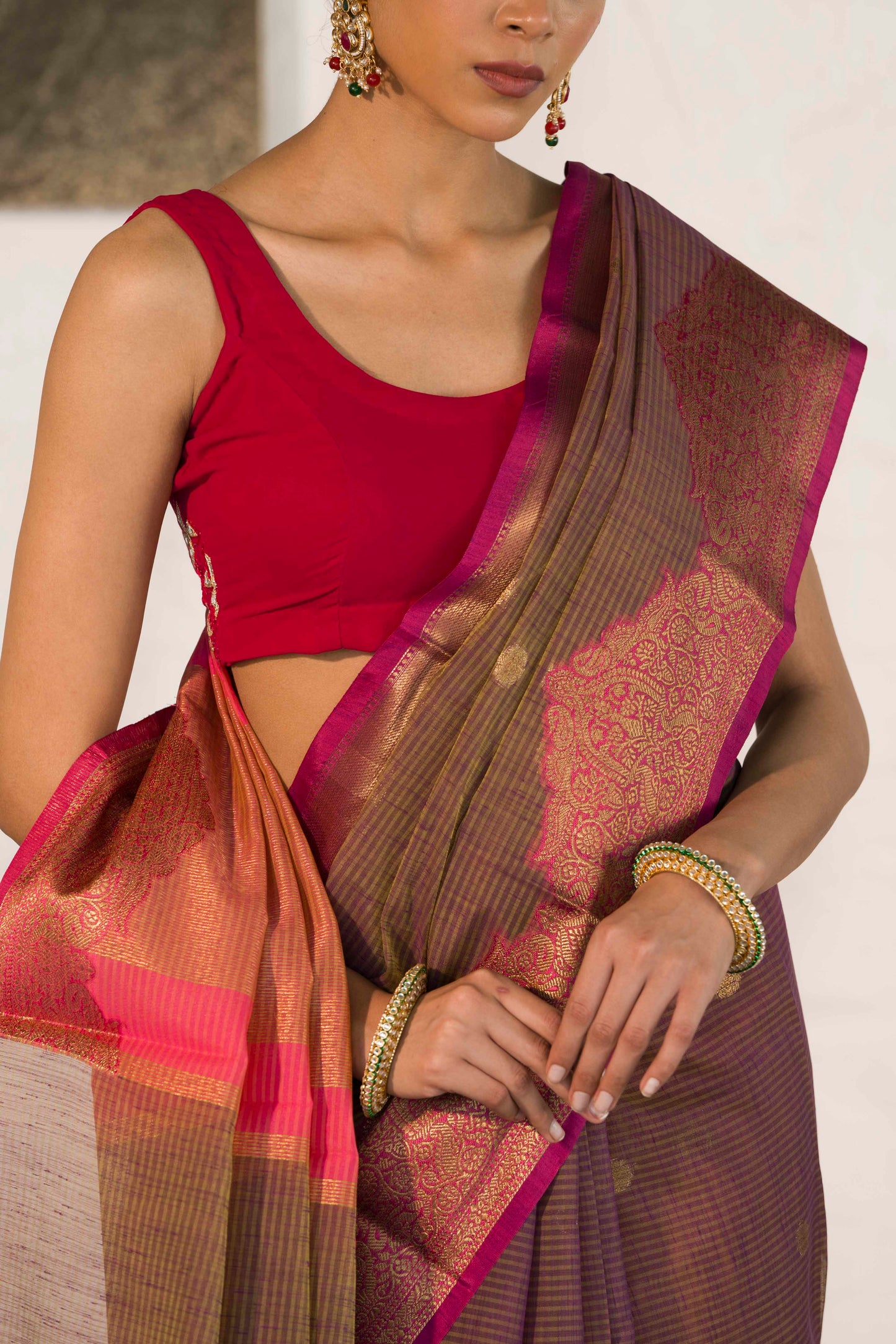 Dark Mauve Cotton Silk Saree in Self Woven Fabric and Antique Zari Woven Stylish Border with Small Motifs on body