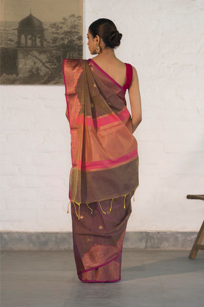 Dark Mauve Cotton Silk Saree in Self Woven Fabric and Antique Zari Woven Stylish Border with Small Motifs on body