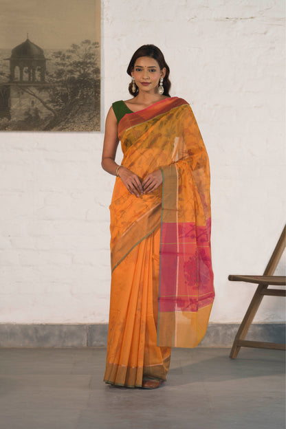 Orange Cotton Silk Saree in Self Woven Floral Pattern with Contrast Palla and Blouse