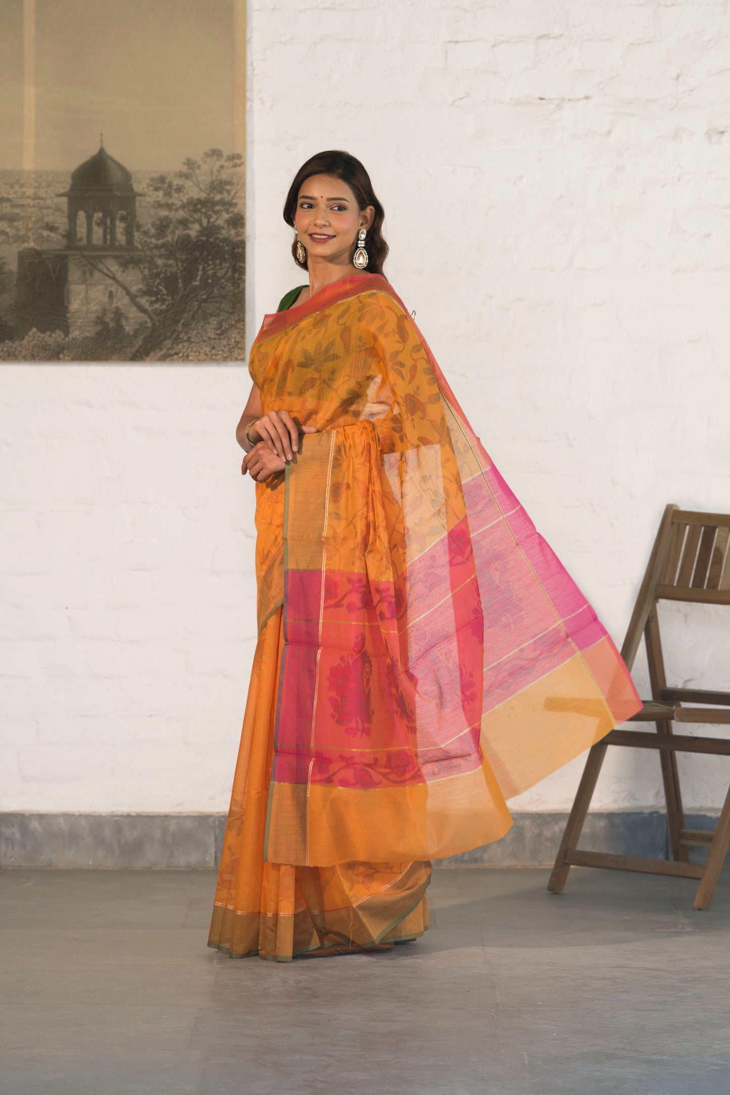 Orange Cotton Silk Saree in Self Woven Floral Pattern with Contrast Palla and Blouse