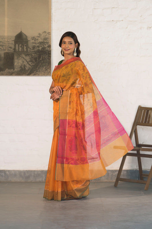 Orange Cotton Silk Saree in Self Woven Floral Pattern with Contrast Palla and Blouse