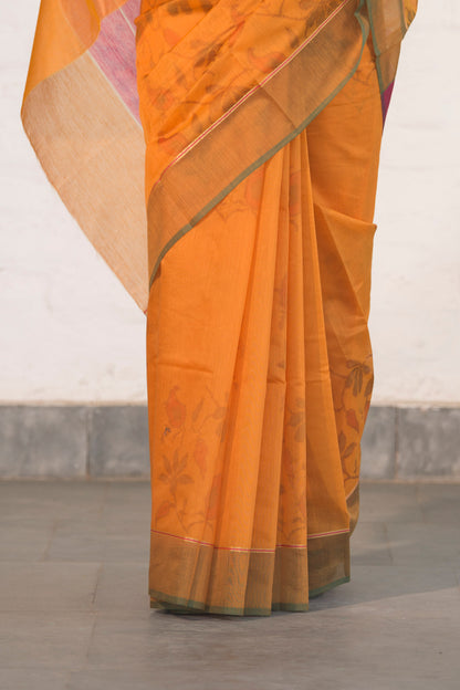 Orange Cotton Silk Saree in Self Woven Floral Pattern with Contrast Palla and Blouse