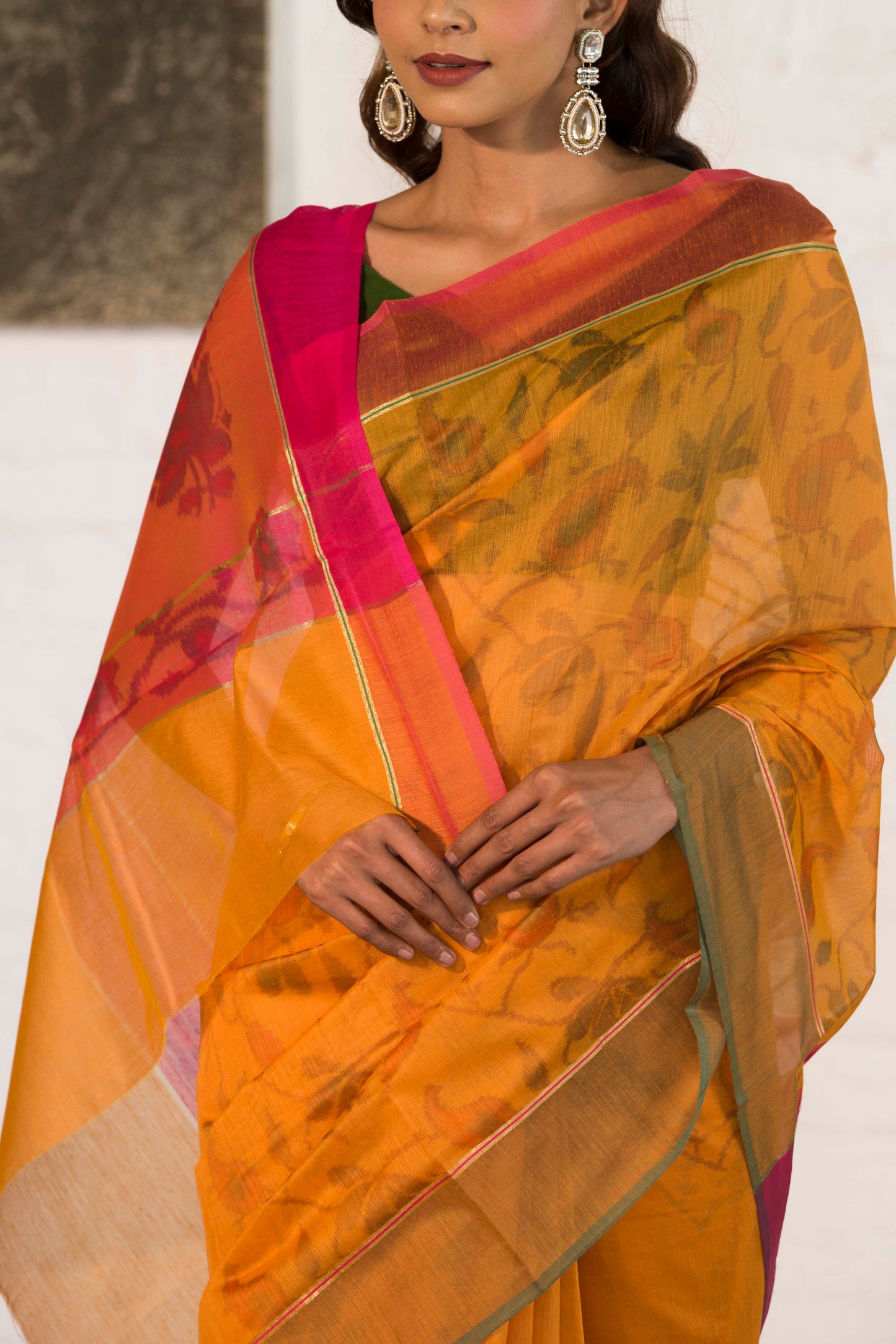 Orange Cotton Silk Saree in Self Woven Floral Pattern with Contrast Palla and Blouse