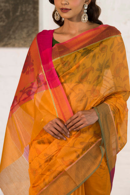 Orange Cotton Silk Saree in Self Woven Floral Pattern with Contrast Palla and Blouse