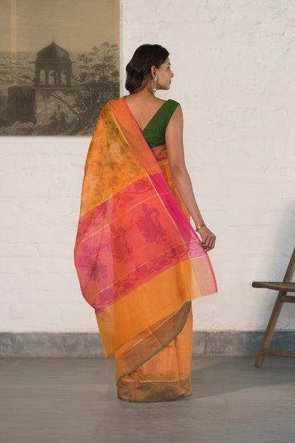 Orange Cotton Silk Saree in Self Woven Floral Pattern with Contrast Palla and Blouse