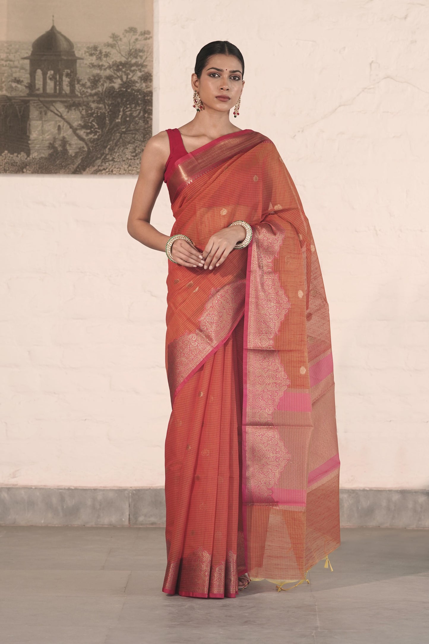 Rust Orange Cotton Silk Saree in Self Woven Fabric and Antique Zari Woven Stylish Border with Small Motifs on body