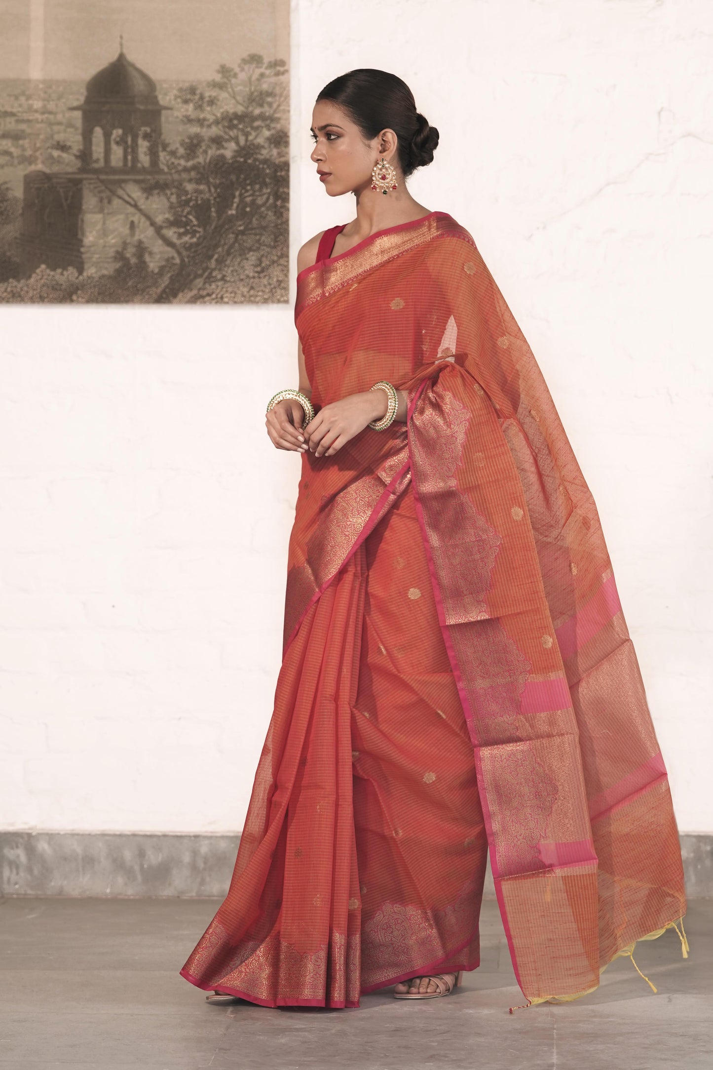 Rust Orange Cotton Silk Saree in Self Woven Fabric and Antique Zari Woven Stylish Border with Small Motifs on body
