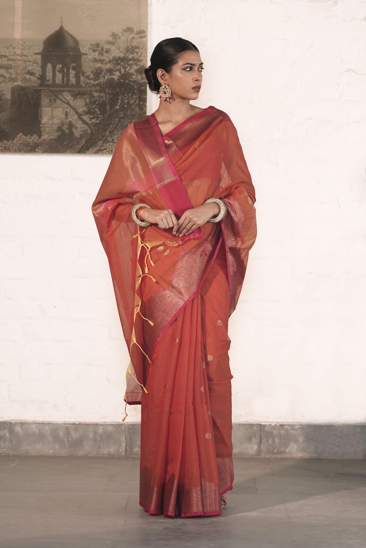 Rust Orange Cotton Silk Saree in Self Woven Fabric and Antique Zari Woven Stylish Border with Small Motifs on body