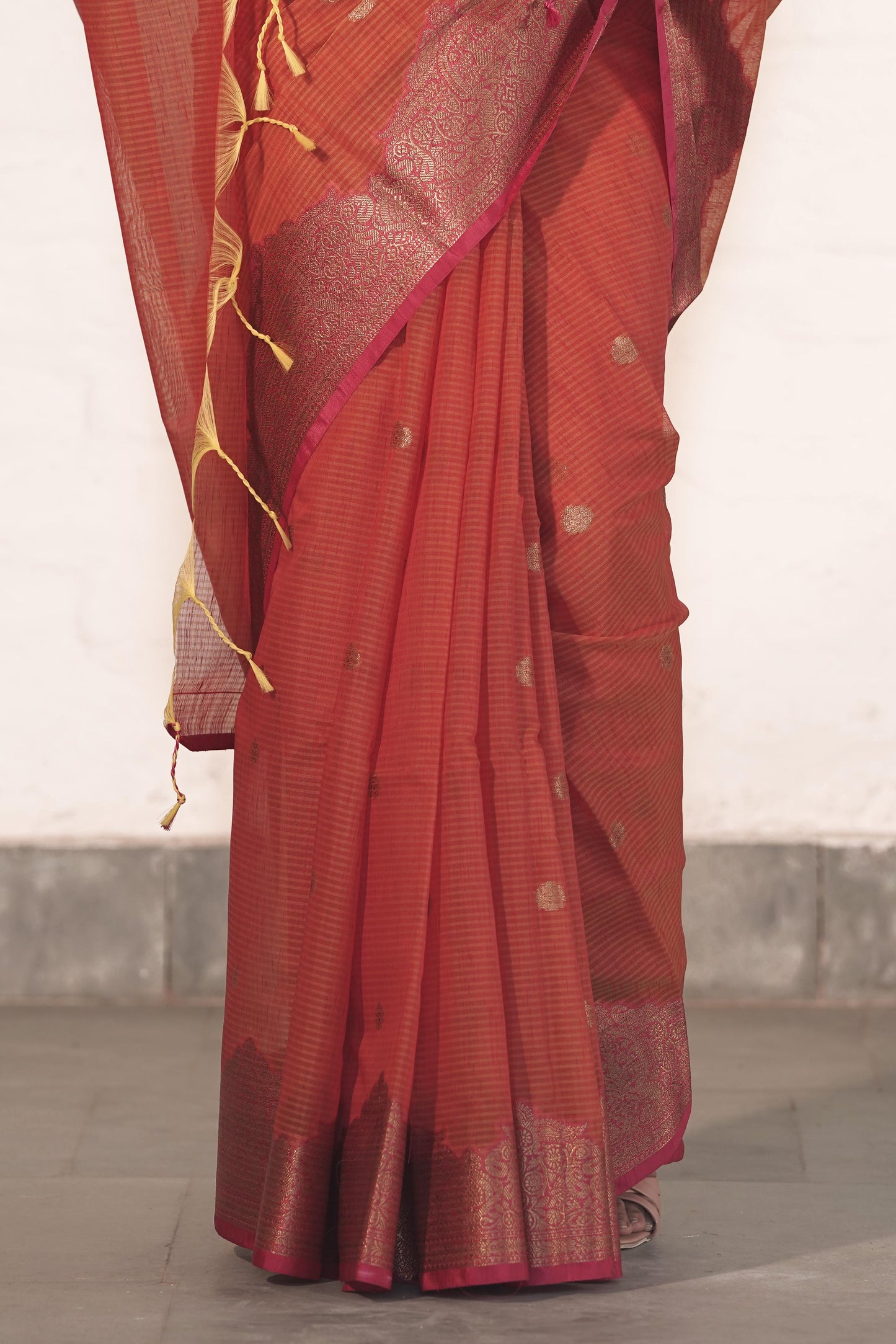 Rust Orange Cotton Silk Saree in Self Woven Fabric and Antique Zari Woven Stylish Border with Small Motifs on body