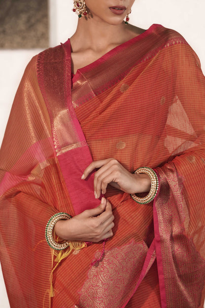 Rust Orange Cotton Silk Saree in Self Woven Fabric and Antique Zari Woven Stylish Border with Small Motifs on body