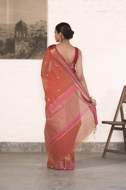 Rust Orange Cotton Silk Saree in Self Woven Fabric and Antique Zari Woven Stylish Border with Small Motifs on body
