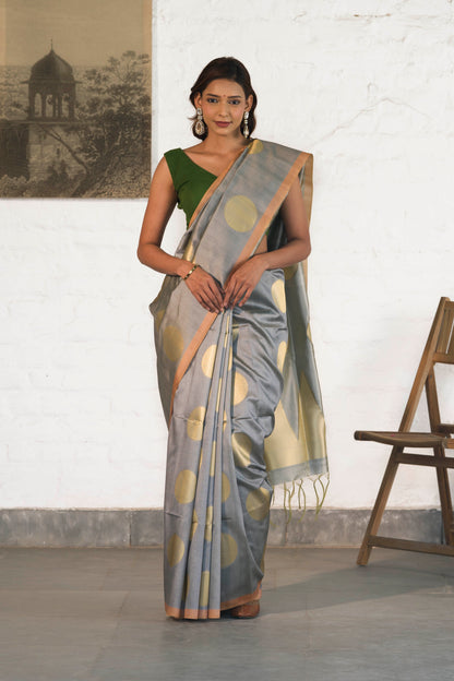 Grey Banarasi Raw Silk Saree with Zari Polka Buta paired with Temple Palla