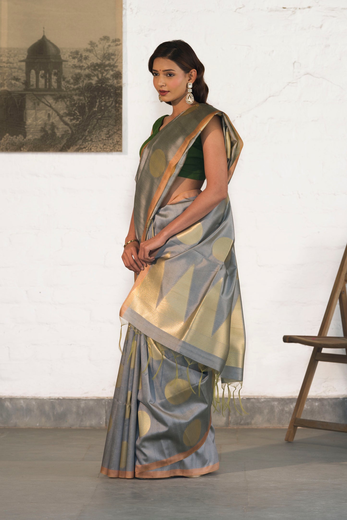 Grey Banarasi Raw Silk Saree with Zari Polka Buta paired with Temple Palla