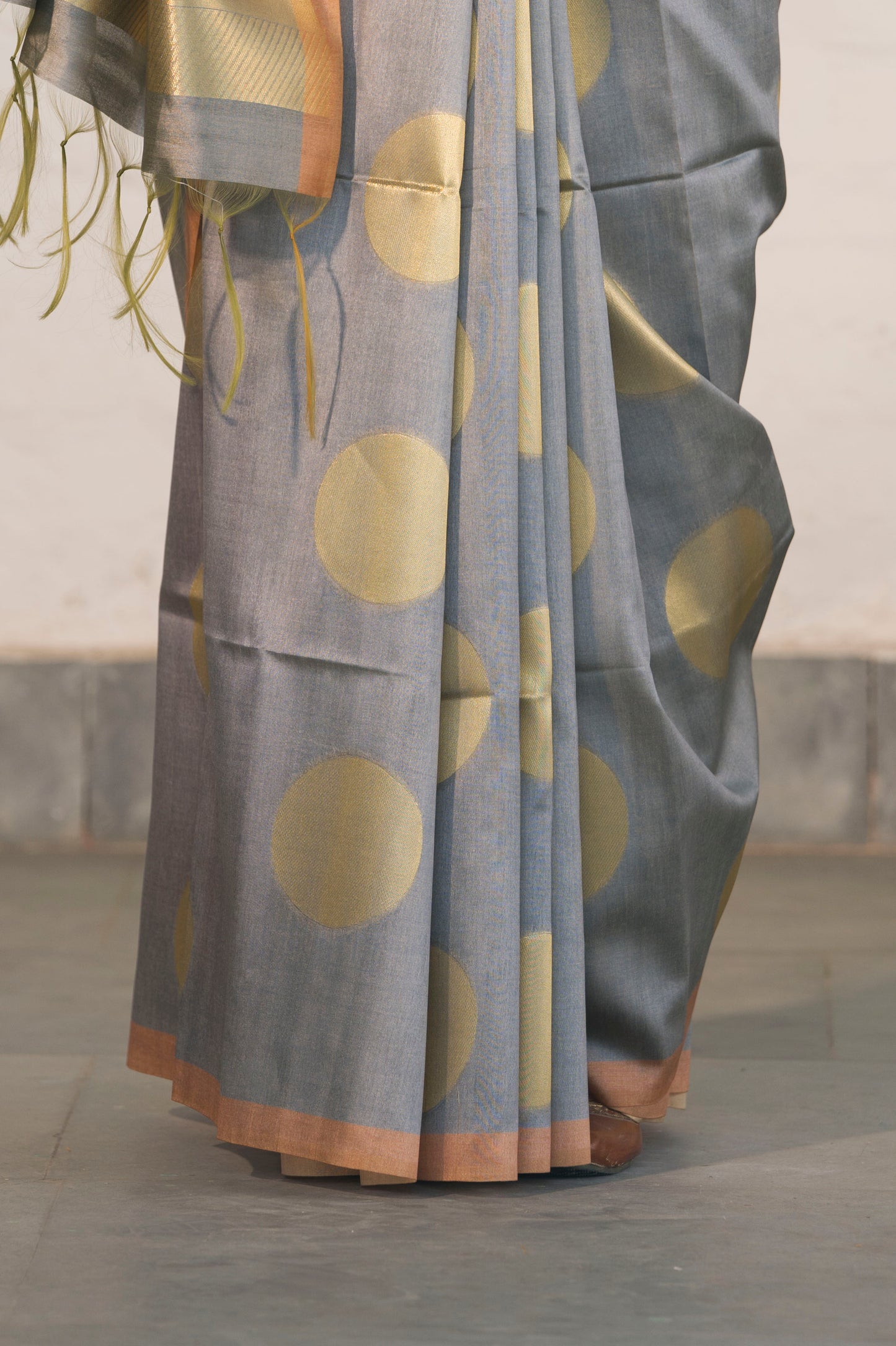 Grey Banarasi Raw Silk Saree with Zari Polka Buta paired with Temple Palla