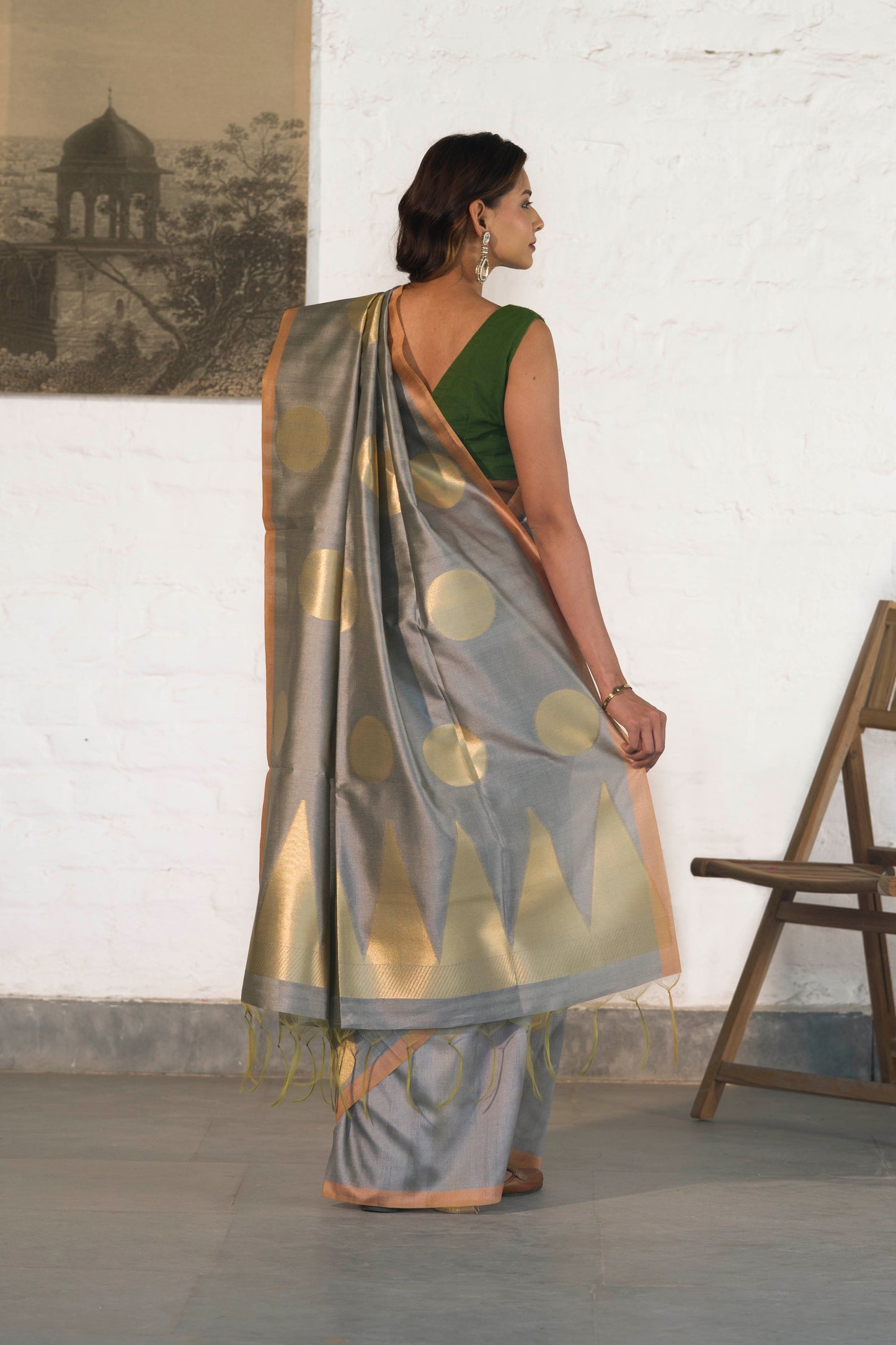 Grey Banarasi Raw Silk Saree with Zari Polka Buta paired with Temple Palla