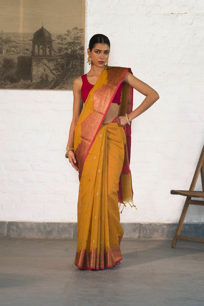 Mustard Yellow Cotton Silk Saree in Self Woven Fabric and Antique Zari Woven Stylish Border with Small Motifs on body
