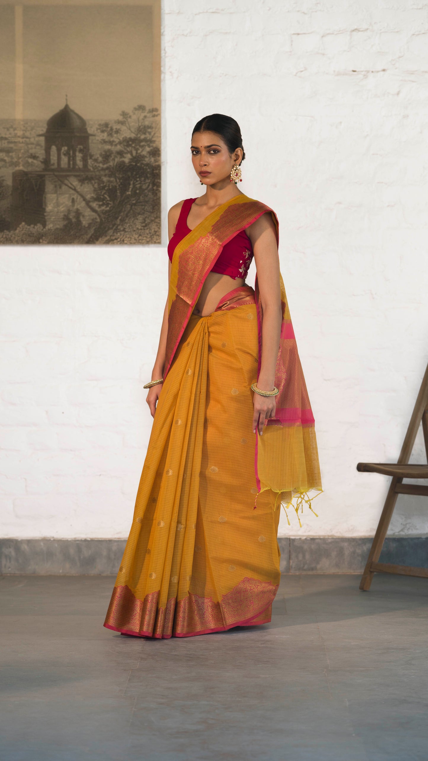 Mustard Yellow Cotton Silk Saree in Self Woven Fabric and Antique Zari Woven Stylish Border with Small Motifs on body