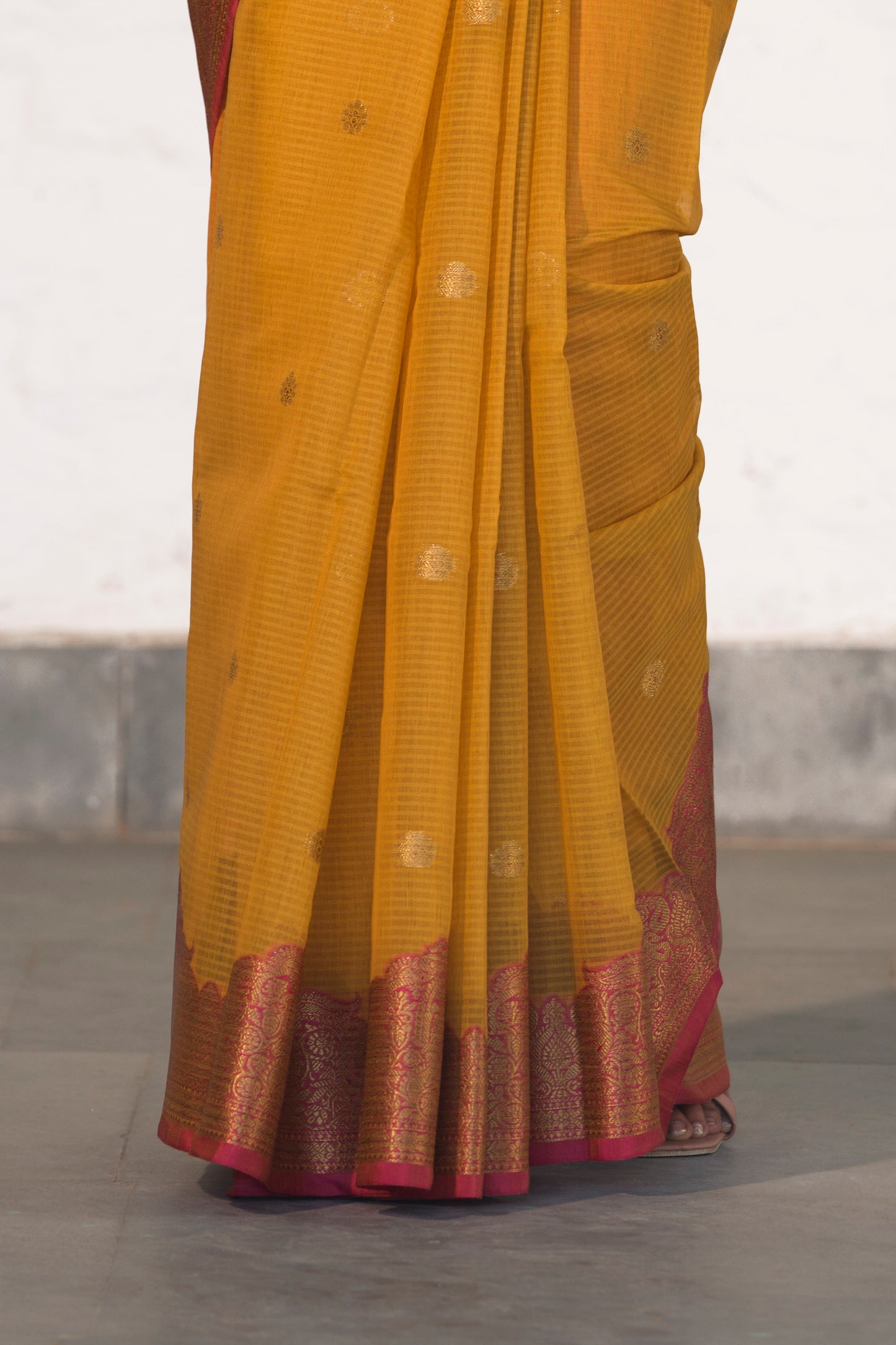 Mustard Yellow Cotton Silk Saree in Self Woven Fabric and Antique Zari Woven Stylish Border with Small Motifs on body