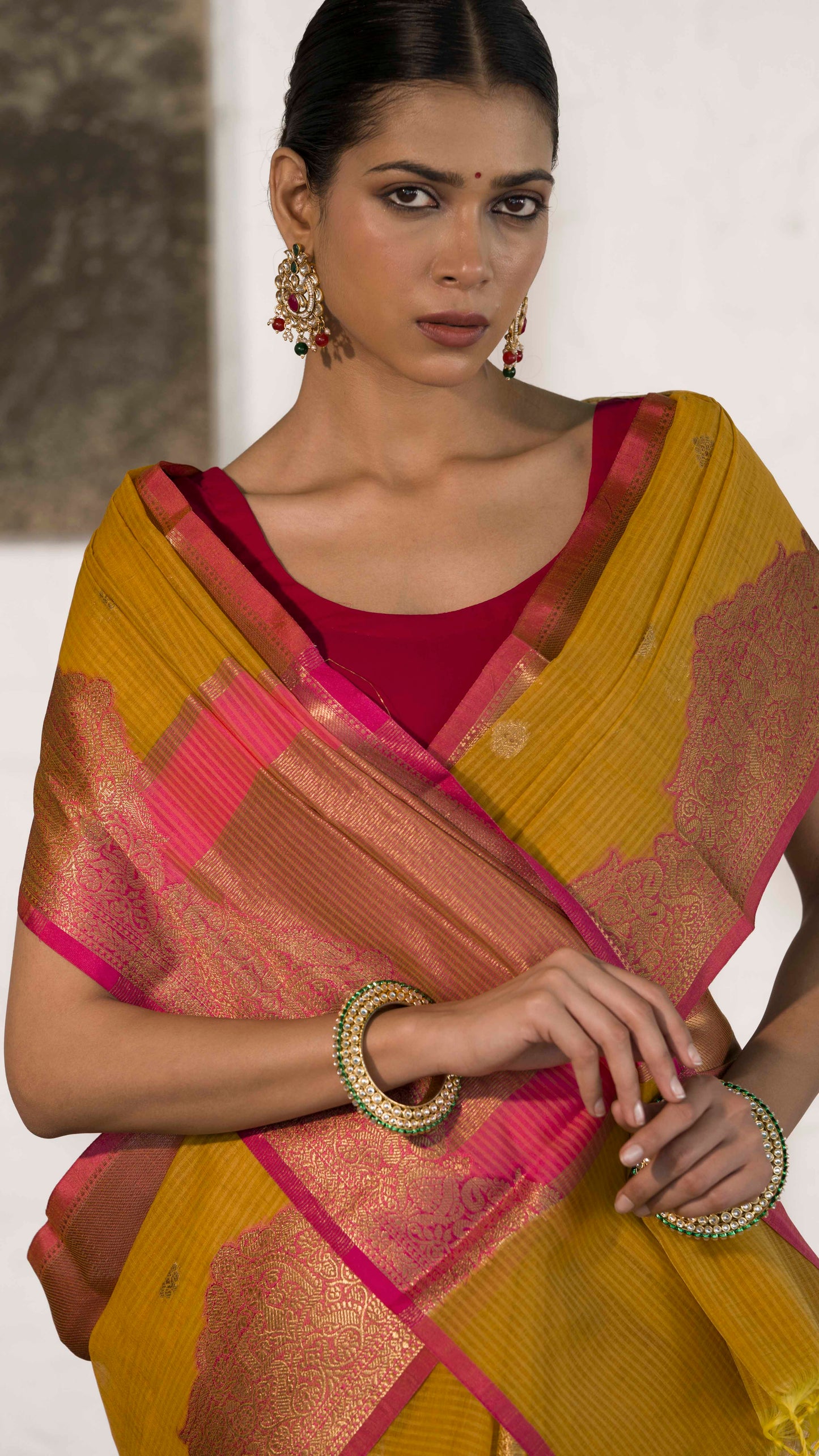 Mustard Yellow Cotton Silk Saree in Self Woven Fabric and Antique Zari Woven Stylish Border with Small Motifs on body
