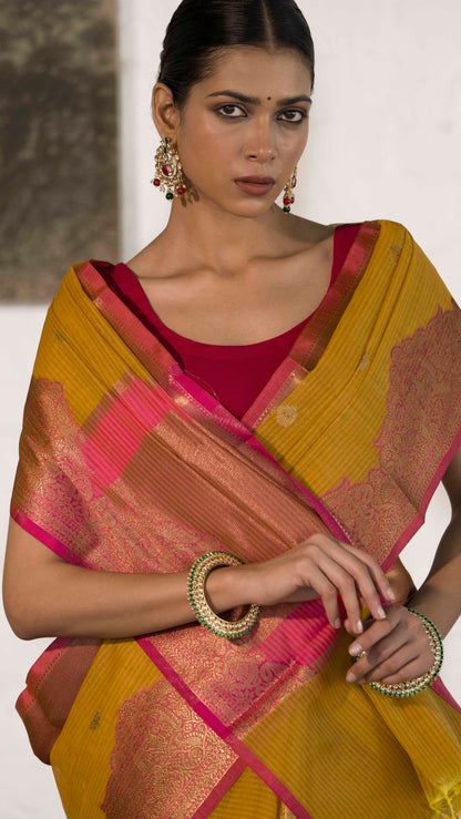 Mustard Yellow Cotton Silk Saree in Self Woven Fabric and Antique Zari Woven Stylish Border with Small Motifs on body