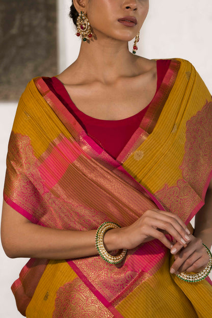 Mustard Yellow Cotton Silk Saree in Self Woven Fabric and Antique Zari Woven Stylish Border with Small Motifs on body