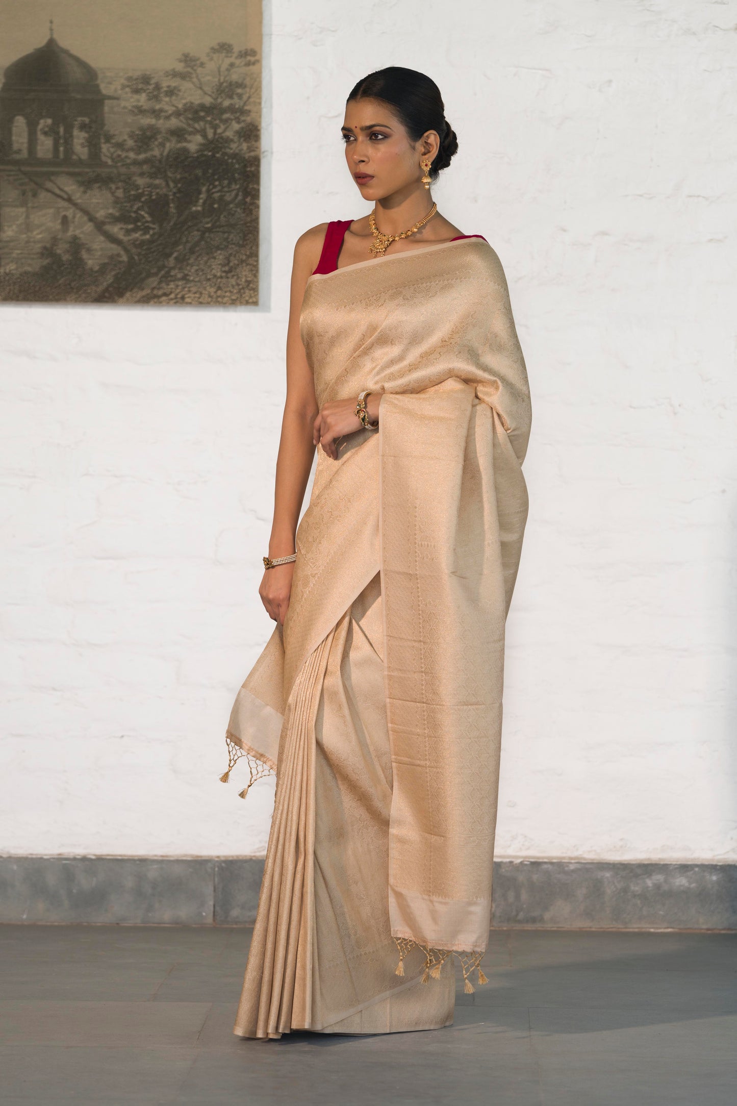 Cream Soft Silk Saree Woven in Almond Zari within the Fabric giving smooth texture from in and out