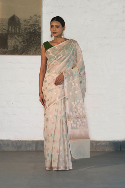 Off White Cotton Silk Banarasi Saree woven in Rosegold zari and Resham with Meenakari floral jaal