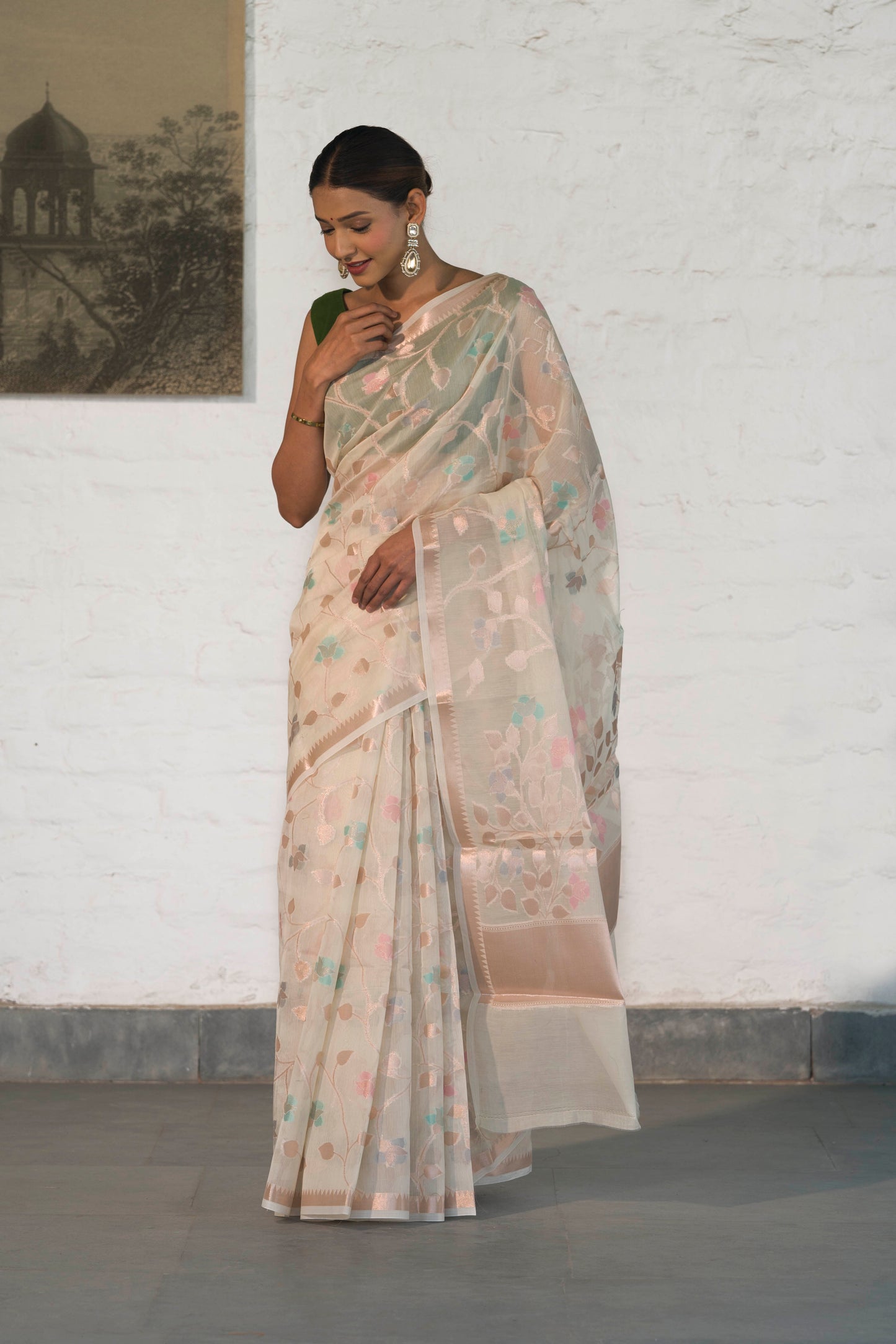 Off White Cotton Silk Banarasi Saree woven in Rosegold zari and Resham with Meenakari floral jaal