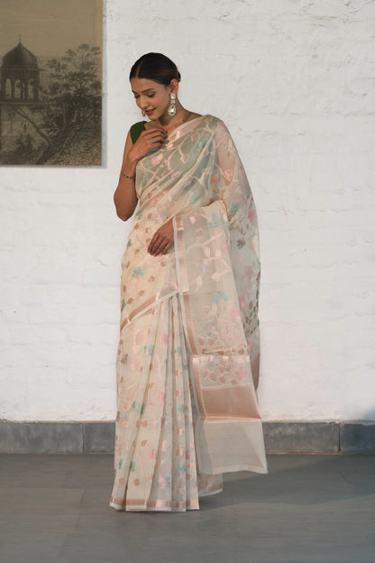Off White Cotton Silk Banarasi Saree woven in Rosegold zari and Resham with Meenakari floral jaal