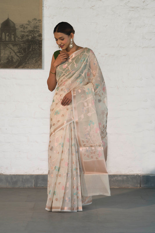 Off White Cotton Silk Banarasi Saree woven in Rosegold zari and Resham with Meenakari floral jaal