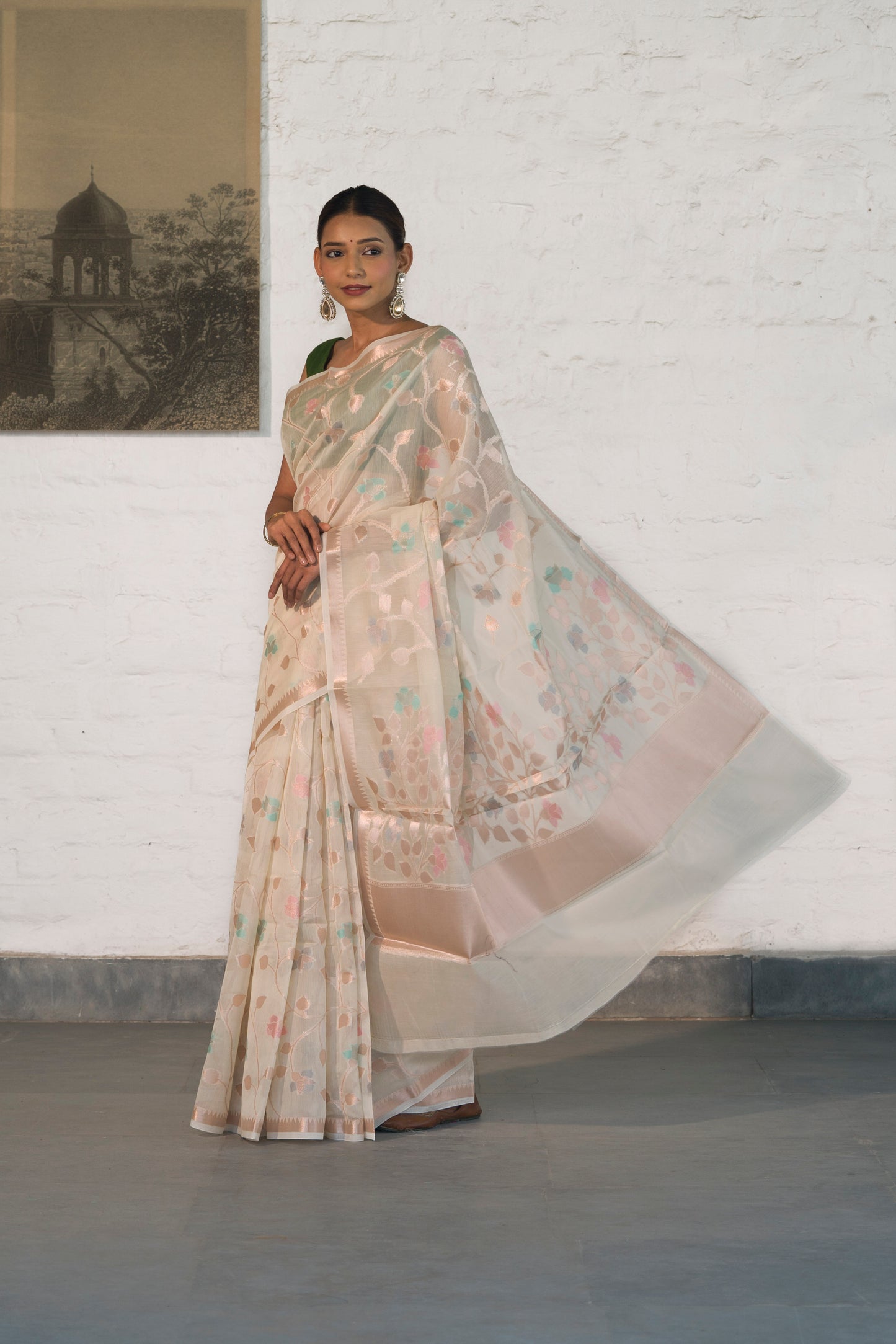 Off White Cotton Silk Banarasi Saree woven in Rosegold zari and Resham with Meenakari floral jaal
