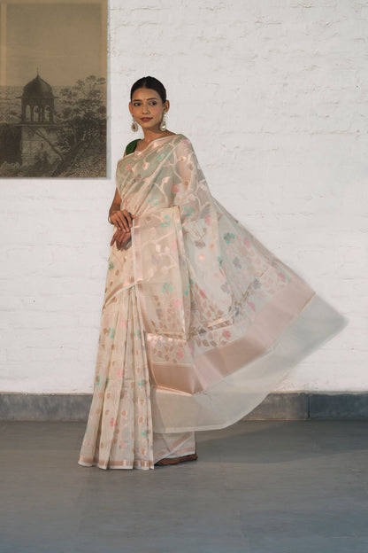 Off White Cotton Silk Banarasi Saree woven in Rosegold zari and Resham with Meenakari floral jaal