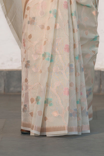 Off White Cotton Silk Banarasi Saree woven in Rosegold zari and Resham with Meenakari floral jaal