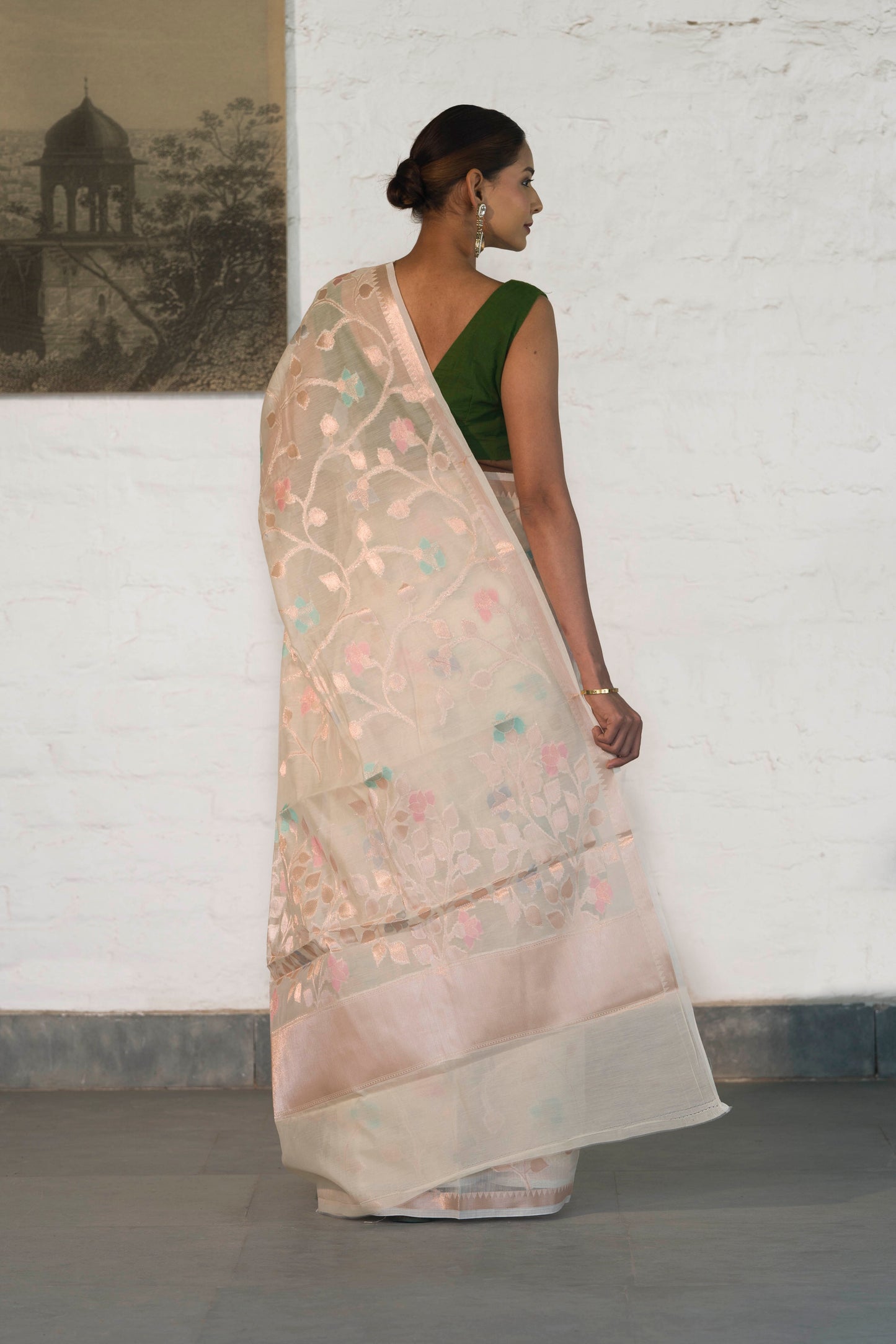 Off White Cotton Silk Banarasi Saree woven in Rosegold zari and Resham with Meenakari floral jaal