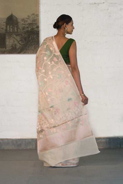 Off White Cotton Silk Banarasi Saree woven in Rosegold zari and Resham with Meenakari floral jaal