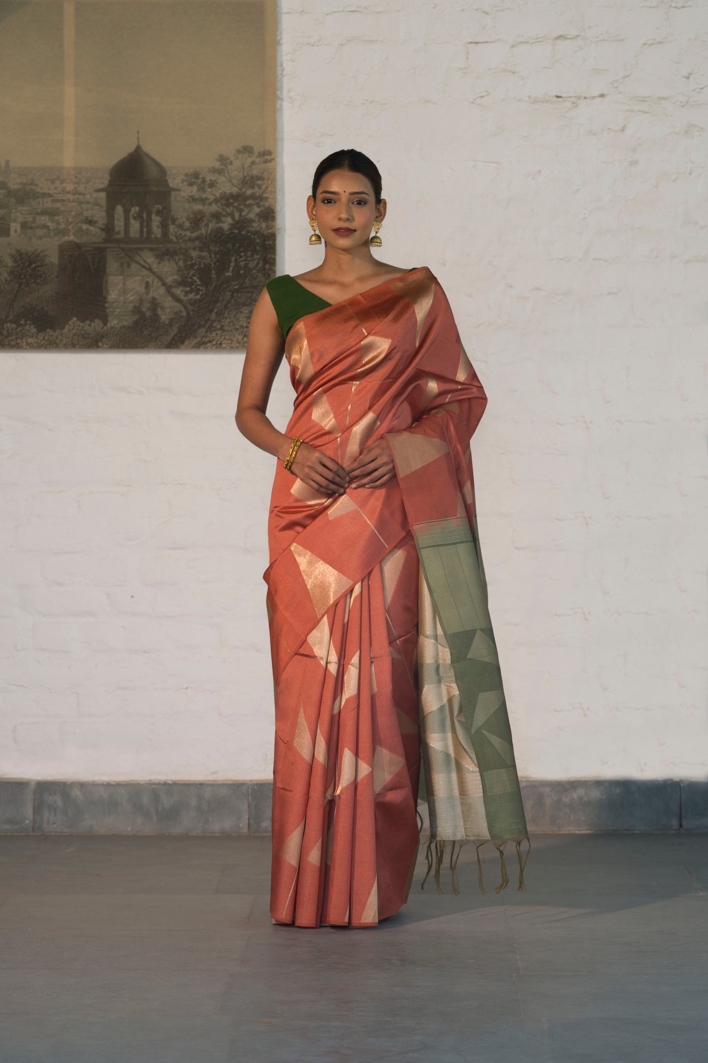 Rust orange Banarasi Raw Silk Saree in Zari Abstract design all over body and palla with contrast Palla and blouse
