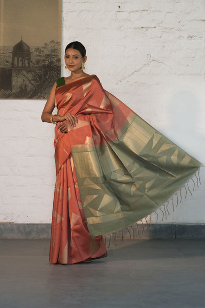 Rust orange Banarasi Raw Silk Saree in Zari Abstract design all over body and palla with contrast Palla and blouse